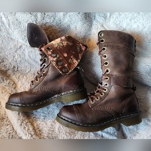 Brown leather Dr. Martens Triumph boots with floral printed lining
